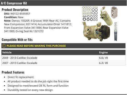A/C Compressor Kit - with 10S20F Compressor, Front Expansion Valve, Rear Expansion Valve, and O-Ring Seal Kit - Compatible with 2007-2013 Cadillac Escalade 6.0L 6.2L V8 in Saudi Arabia
