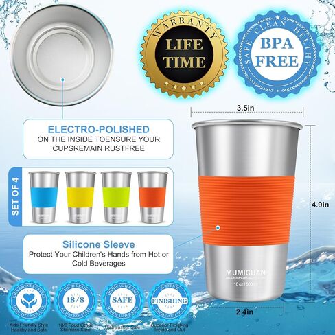 Stainless Steel Cups for Kids with Silicone Sleeves 8oz/240ml (4 Pack), Stainless Steel Tumbler, Kids Cups, Camping Stainless Steel Cups, Stackable Durable Metal Drinking Glasses, BPA Free in Saudi Arabia