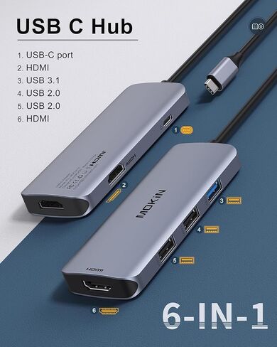 محطة الإرساء USB C إلى محول HDMI المزدوج ، Mokin USB C HUB شاشات HDMI مزدوجة لنظام التشغيل Windows ، محول USB C مع HDMI المزدوج ، 3 منفذ USB ، PD متوافق مع Dell XPS 13/15 ، Lenovo Yoga ، ETC in Kuwait