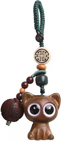 Green Sandalwood Hand-carved Lucky Cat Keychain for Women, Japanese Maneki Neko Cell Phone Charm Cute Strap Good Luck Tassel in Saudi Arabia