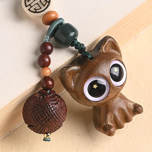 Green Sandalwood Hand-carved Lucky Cat Keychain for Women, Japanese Maneki Neko Cell Phone Charm Cute Strap Good Luck Tassel in Saudi Arabia