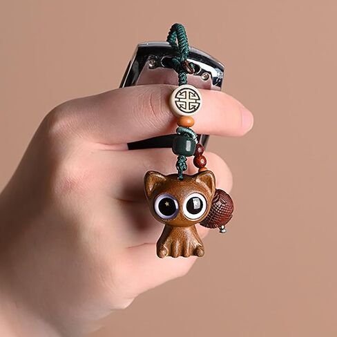 Green Sandalwood Hand-carved Lucky Cat Keychain for Women, Japanese Maneki Neko Cell Phone Charm Cute Strap Good Luck Tassel in Saudi Arabia