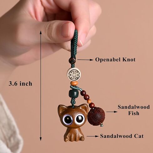 Green Sandalwood Hand-carved Lucky Cat Keychain for Women, Japanese Maneki Neko Cell Phone Charm Cute Strap Good Luck Tassel in Saudi Arabia