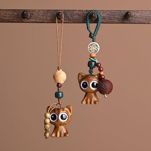 Green Sandalwood Hand-carved Lucky Cat Keychain for Women, Japanese Maneki Neko Cell Phone Charm Cute Strap Good Luck Tassel in Saudi Arabia