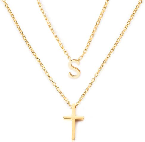 Layered Initial and Cross Necklaces for Women Dainty Christian Jewelry Personalized Name Necklace Christian Gift for Her Elegant 18k Gold Plated Initial Necklace for Women in Kuwait