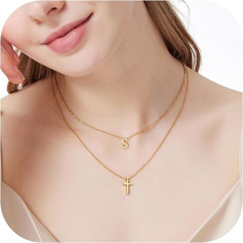 Layered Initial and Cross Necklaces for Women Dainty Christian Jewelry Personalized Name Necklace Christian Gift for Her Elegant 18k Gold Plated Initial Necklace for Women in Kuwait