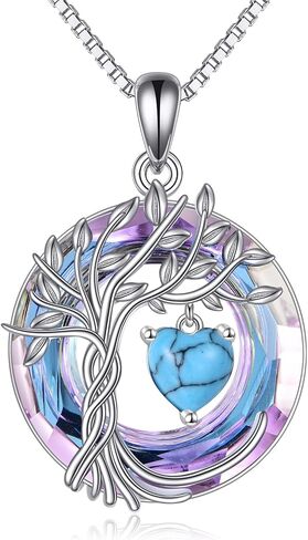 POPLYKE Tree of Life Necklace 925 Sterling Silver Birthstone Pendant Necklaces with Crystal Anniversary Birthday Wedding Jewelry for Mom Her Wife Sister in Kuwait