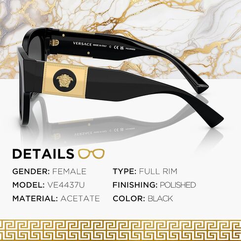 Versace VE4437U 54mm Polarized Pillow Sunglasses for Women – Black Acetate Frame with Black Temples, 100% UV Protection, Lightweight & Comfortable Sunglasses, eShades Eyewear Kit Included in Saudi Arabia