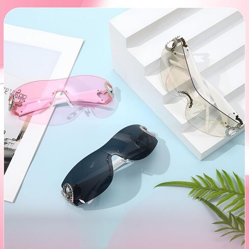 3 Pcs Y2K Sunglasses for Women Men, Y2K Wrap Around Rimless Sunglasses Oversized Fashion Frameless Sun Glasses UV400 Protection in Saudi Arabia