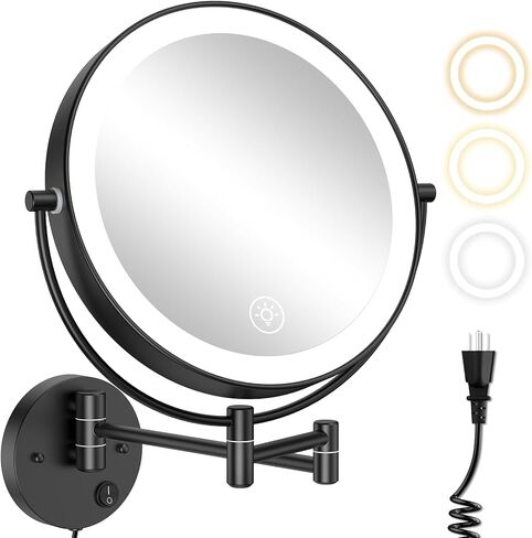 Anfauny 9 Inch Wall Mounted Lighted Makeup Mirror, Double Sided 1X/10X Magnifying LED Vanity with 3 Color Lights and Stepless Dimming, 360°Swivel Extendable Cosmetic for Bathroom- Black in Saudi Arabia