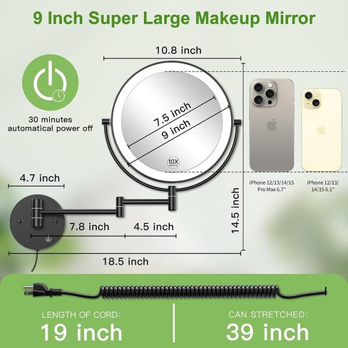 Anfauny 9 Inch Wall Mounted Lighted Makeup Mirror, Double Sided 1X/10X Magnifying LED Vanity with 3 Color Lights and Stepless Dimming, 360°Swivel Extendable Cosmetic for Bathroom- Black in Saudi Arabia