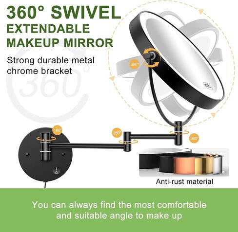 Anfauny 9 Inch Wall Mounted Lighted Makeup Mirror, Double Sided 1X/10X Magnifying LED Vanity with 3 Color Lights and Stepless Dimming, 360°Swivel Extendable Cosmetic for Bathroom- Black in Saudi Arabia