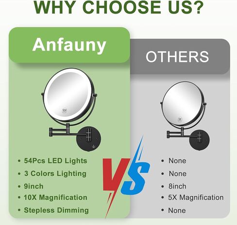 Anfauny 9 Inch Wall Mounted Lighted Makeup Mirror, Double Sided 1X/10X Magnifying LED Vanity with 3 Color Lights and Stepless Dimming, 360°Swivel Extendable Cosmetic for Bathroom- Black in Saudi Arabia