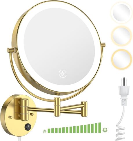 Anfauny 9 Inch Wall Mounted Lighted Makeup Mirror, Double Sided 1X/10X Magnifying LED Vanity with 3 Color Lights and Stepless Dimming, 360°Swivel Extendable Cosmetic for Bathroom- Black in Saudi Arabia