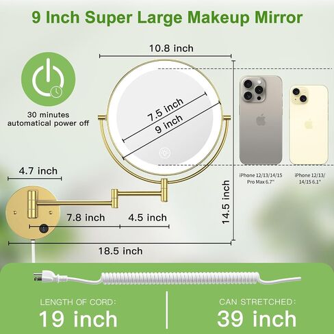 Anfauny 9 Inch Wall Mounted Lighted Makeup Mirror, Double Sided 1X/10X Magnifying LED Vanity with 3 Color Lights and Stepless Dimming, 360°Swivel Extendable Cosmetic for Bathroom- Black in Saudi Arabia