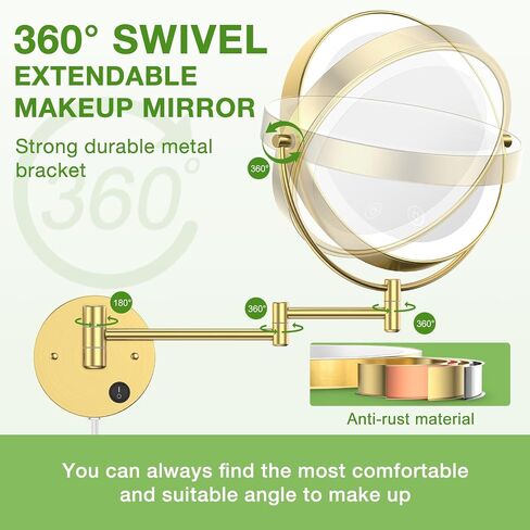Anfauny 9 Inch Wall Mounted Lighted Makeup Mirror, Double Sided 1X/10X Magnifying LED Vanity with 3 Color Lights and Stepless Dimming, 360°Swivel Extendable Cosmetic for Bathroom- Black in Saudi Arabia