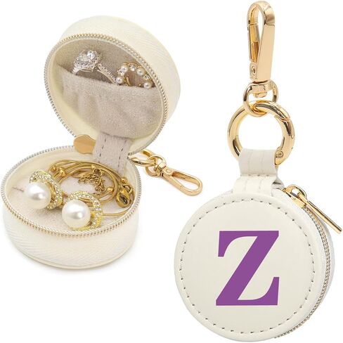 Mini Initial Travel Jewelry Case Ring Holder, Beige Faux Leather Small Jewelry Organizer Box Gifts for Women Girls Nurse Teacher, Gym Travel Accessories Keychain Pouch for Earrings Rings Necklace A in Saudi Arabia