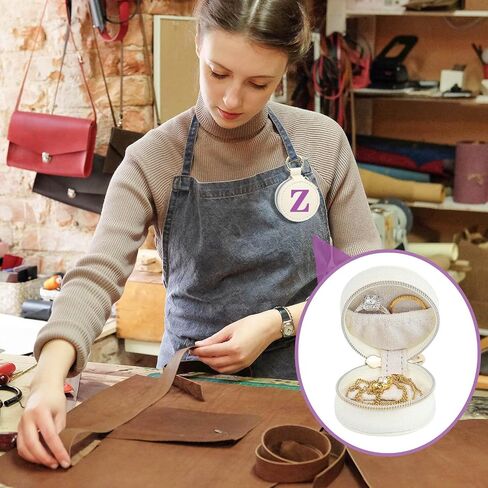 Mini Initial Travel Jewelry Case Ring Holder, Beige Faux Leather Small Jewelry Organizer Box Gifts for Women Girls Nurse Teacher, Gym Travel Accessories Keychain Pouch for Earrings Rings Necklace A in Saudi Arabia