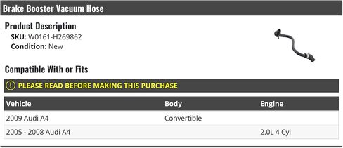خرطوم مكابح Brake Back Booster-متوافق مع 2005-2009 Audi A4 Convertible 2.0L 4 أسطوانات in Saudi Arabia