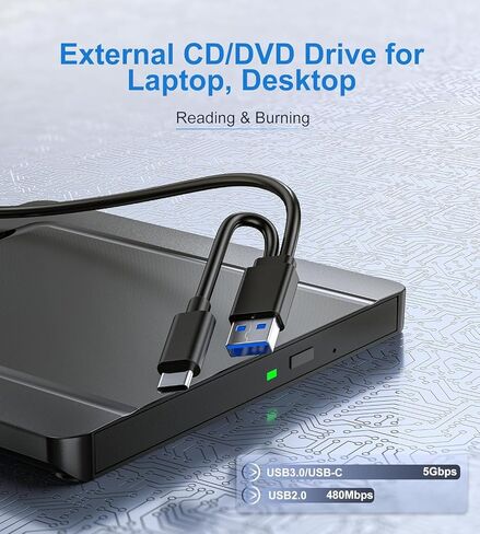 Ultra-Slim External CD/DVD Drive for Laptop,DVD Player for Laptop,USB 3.0 Portable DVD Reader Writer ROM Drive,CD Burner External Disk Drive Compatible with Laptop Desktop Mac,Windows 11/10/8/7 in Saudi Arabia