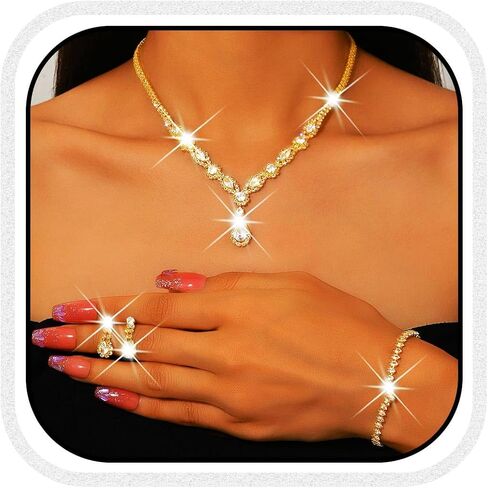 GORAIS Silver Bride Wedding Jewelry Set Rhinestone Necklace Earring Bracelet Sets Crystal Formal Bridal Jewelry for Women in Saudi Arabia