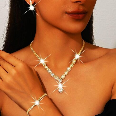 GORAIS Silver Bride Wedding Jewelry Set Rhinestone Necklace Earring Bracelet Sets Crystal Formal Bridal Jewelry for Women in Saudi Arabia