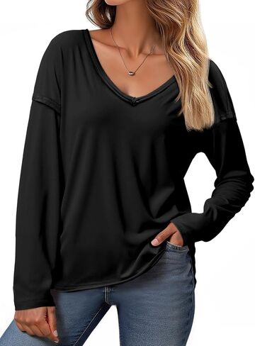 Tankaneo Womens Oversized Long Sleeve Shirts Deep V Neck Fall Tops Casual Loose Fit Tunic Basic Tees in Saudi Arabia