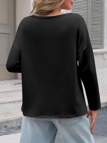 Tankaneo Womens Oversized Long Sleeve Shirts Deep V Neck Fall Tops Casual Loose Fit Tunic Basic Tees in Saudi Arabia