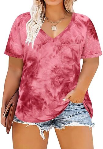 Ritera Plus Size Tops for Women Tie Tie Dye Summer T Shirts v Neck Short Sleeve Tops Ducture مع Pocket Pocket XL-5XL in Saudi Arabia