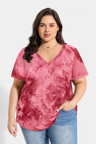 Ritera Plus Size Tops for Women Tie Tie Dye Summer T Shirts v Neck Short Sleeve Tops Ducture مع Pocket Pocket XL-5XL in Saudi Arabia