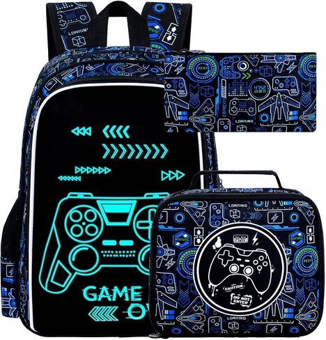 17 Inch Glow in The Dark Backpack, 3Pcs Space Bookbag for Boys With Lunch Box, School Laptop Backpacks Set For Teens(Blue) in Kuwait