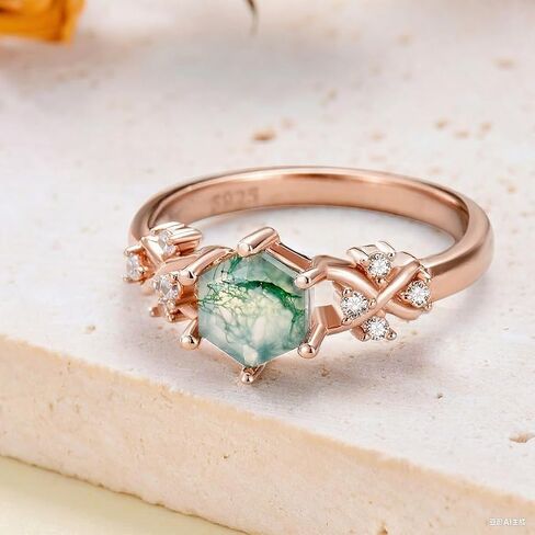 925 Sterling Silver Hexagon Natural Moss Agate Ring with CZ for Women infinity Promise Engagement Rings Jewelry for Wife Her in Kuwait