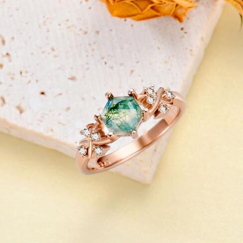 925 Sterling Silver Hexagon Natural Moss Agate Ring with CZ for Women infinity Promise Engagement Rings Jewelry for Wife Her in Kuwait