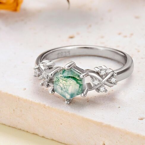 925 Sterling Silver Hexagon Natural Moss Agate Ring with CZ for Women infinity Promise Engagement Rings Jewelry for Wife Her in Kuwait