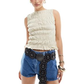 Women Shirred Tank Top Summer Smocked Tops Sleeveless Ruffle Hem Graphic Pleated Shirt Y2k Going Out Vacation Tops in Saudi Arabia