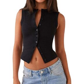 Women's Button Down Tank Tops Solid Ribbed Vest Sleeveless Slim Fit Cropped Cardigan Summer Going Out Tops in Kuwait