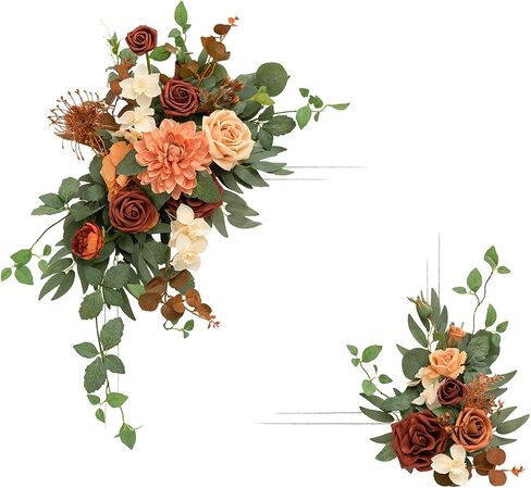 Ling's Moment 2pcs Artificial Welcome Sign Swag Wedding Arch Flowers Decorations Floral Garland Orange Terracotta Teal Ceremony Party Reception Entrance Welcome Easel Door Wall Home Entryway Outdoor in Saudi Arabia