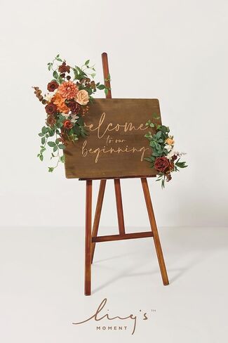 Ling's Moment 2pcs Artificial Welcome Sign Swag Wedding Arch Flowers Decorations Floral Garland Orange Terracotta Teal Ceremony Party Reception Entrance Welcome Easel Door Wall Home Entryway Outdoor in Saudi Arabia