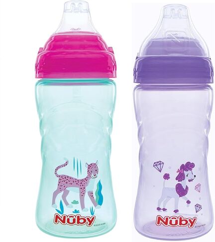 Nuby No Spill Printed Thirsty Kids No-Spill Sip-it Sport Cup with Soft Spout and Lid - 12oz / 360 ml, 12+ Months, Pack of 2, Green/Orange in Saudi Arabia