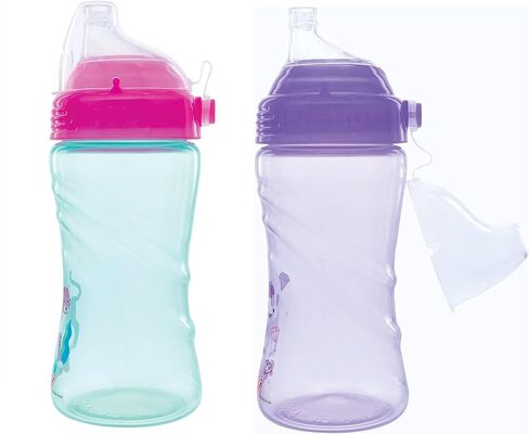 Nuby No Spill Printed Thirsty Kids No-Spill Sip-it Sport Cup with Soft Spout and Lid - 12oz / 360 ml, 12+ Months, Pack of 2, Green/Orange in Saudi Arabia