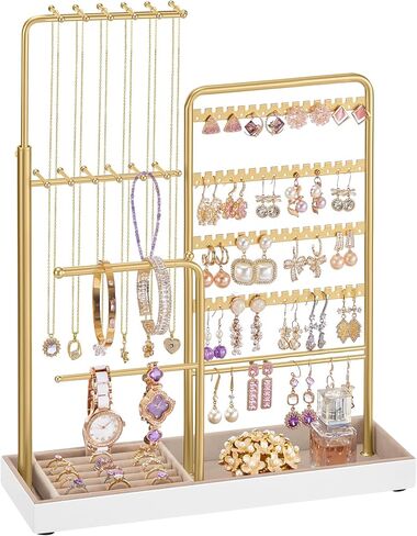 SONGMICS Jewelry Holder, Jewelry Storage Organizer Stand with Metal Frame, Velvet Tray, 12.1 to 18.7 Inches Tall Height Adjustable Necklace Holder, for Rings, Earrings, Pale Gold UJJS026A01 in Saudi Arabia