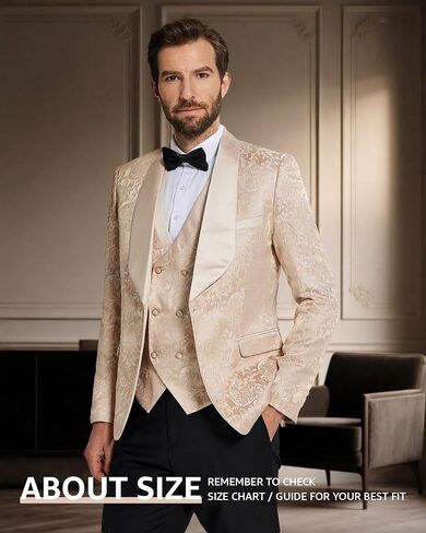 Hihawk Mens 3 Piece Floral Tuxedo, Jacquard Slim Suit Set, Paisley Blazer Vest and Pants with Bow Tie for Prom Wedding in Saudi Arabia