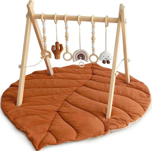 Razee Wooden Baby Play Gym Activity Mat, Leaf Shaped Play Mat Baby Gym with 6 Hanging Sensory Toys Foldable Baby Gym Newborn Infant Baby Use in Saudi Arabia