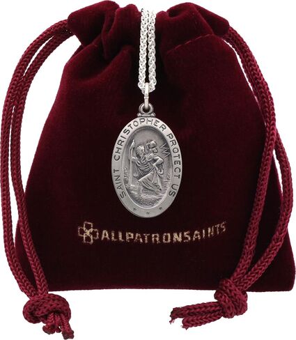 All Patron Saints Antiqued St Christopher Medal Necklace – Solid Sterling Silver Oval Medallion and Chain – Personalized Engraving – Gift Box in Saudi Arabia