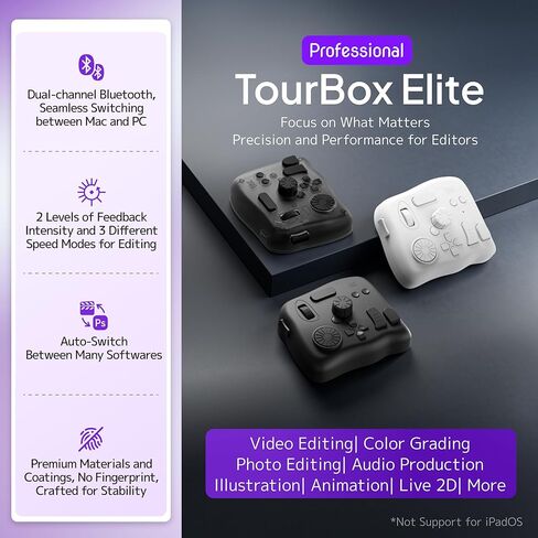 Tourbox Elite ، وحدة تحكم Bluetooth لتصنيف ألوان Photo Photo Photo Photo ، محرر سرعة Davinci ، MacOS/Windows ، Lightroom Photoshop Premiere Final Cut Pro Boadboard in Kuwait