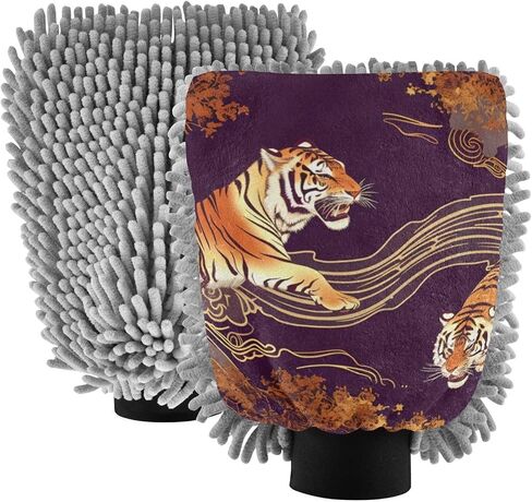 Absorbent Microfiber Car Wash Drying Mitts, 2 Pack, Scratch-Free & Lint-Free, Rich Foam, Highly Absorbent, Double Sided, Wash Mitt Perfect for Car Washing, M, Tiger (1) in Saudi Arabia