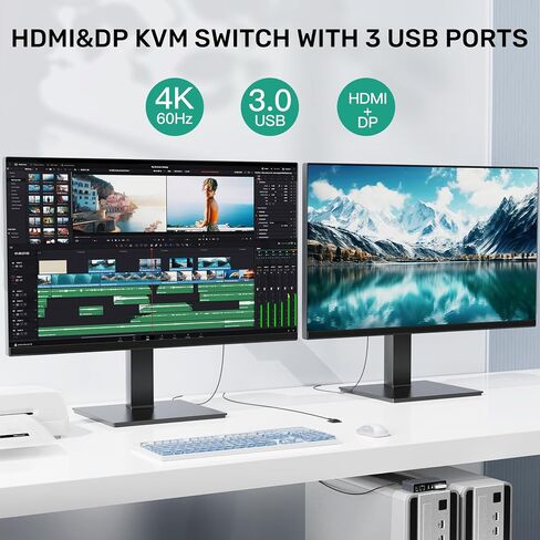 HDMI KVM Switch 2 Monitors 2 Computers, Dual Monitor KVM USB Switcher 4K@60Hz, HDMI Extended/Mirror Display for 2 PC Share 2 Monitors, with 3 USB 3.0 Port, Desktop Controller and 2 USB Cables in Saudi Arabia