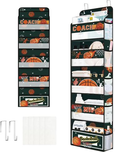 Clastyle Gray Ball Kids Over the Door Organizer مع 5 جيوب كبيرة من منظم تخزين معلقة للملابس لملابس لعبة كرة السلة لكرة السلة. in Saudi Arabia