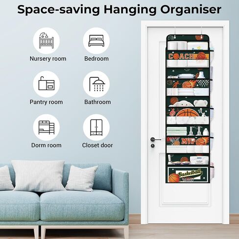 Clastyle Gray Ball Kids Over the Door Organizer مع 5 جيوب كبيرة من منظم تخزين معلقة للملابس لملابس لعبة كرة السلة لكرة السلة. in Saudi Arabia