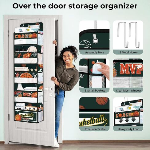 Clastyle Gray Ball Kids Over the Door Organizer مع 5 جيوب كبيرة من منظم تخزين معلقة للملابس لملابس لعبة كرة السلة لكرة السلة. in Saudi Arabia